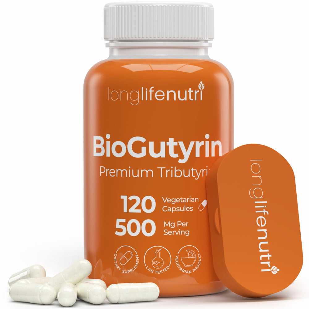 BioGutyrin Tributyrin 500mg bottle with 120 vegetarian capsules