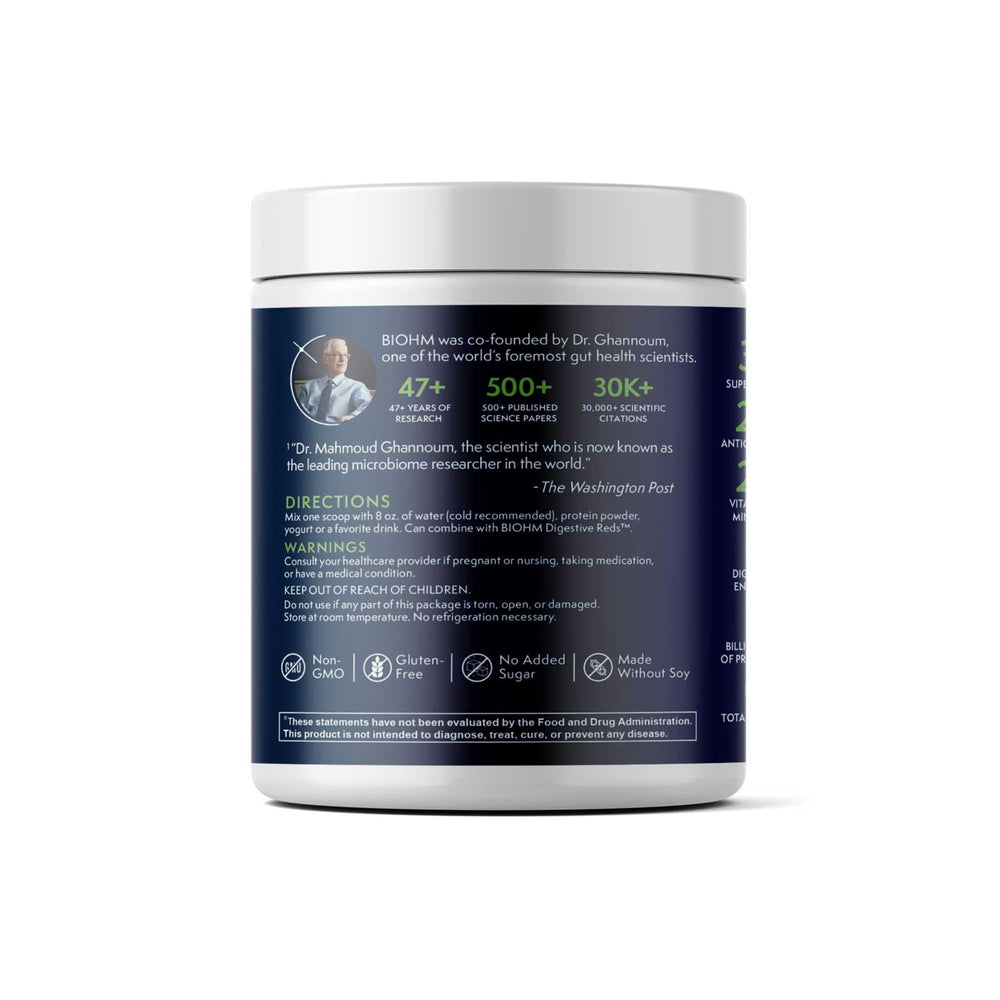 Graphic showing 36 superfoods and 29 antioxidants in BIOHM Greens