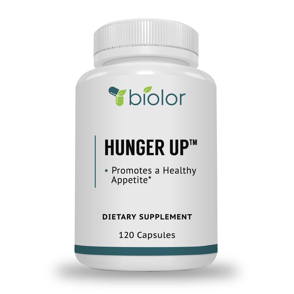 Biolor HungerUp bottle displays clean label and natural appetite support formulation.