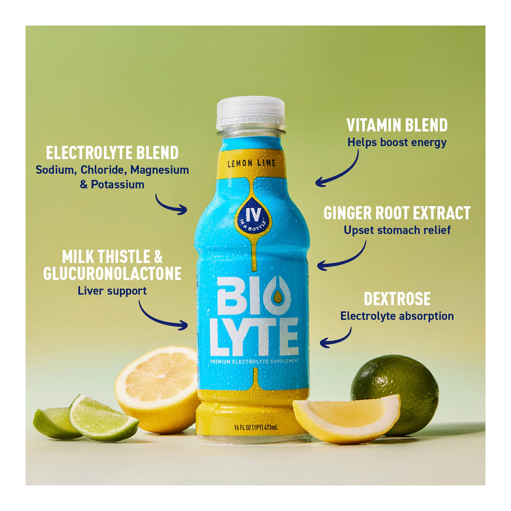 BIOLYTE Lemon Lime 16 oz bottle label close-up in 12-pack