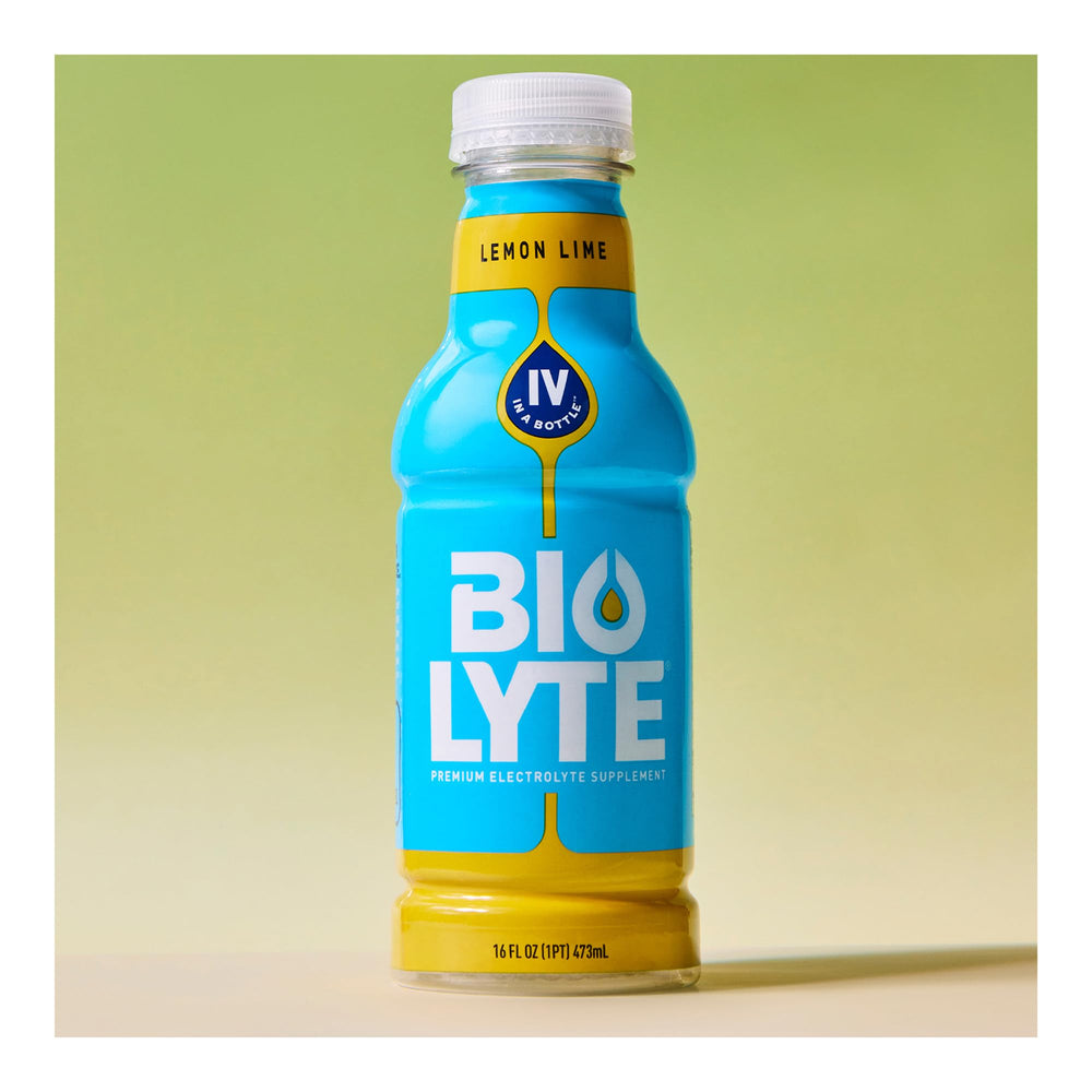 BIOLYTE Lemon Lime bottle in-use 16 oz with 12-pack