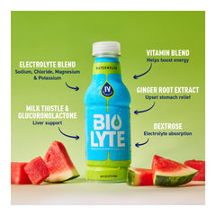 Nutrition facts label for BIOLYTE Watermelon 16oz in 12-pack