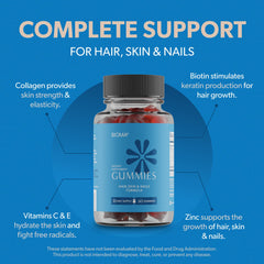 Bioma ingredients panel showing biotin, collagen, zinc, vitamins C and E
