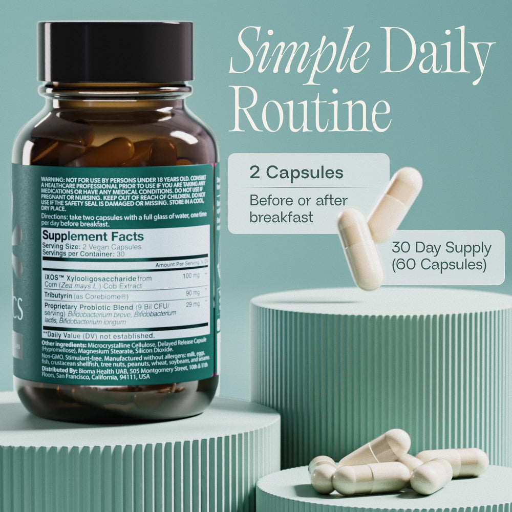 BIOMA Probiotics delayed-release capsules image emphasizes targeted intestinal delivery