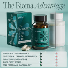 BIOMA Probiotics vegan gluten-free packaging communicates inclusive dietary options