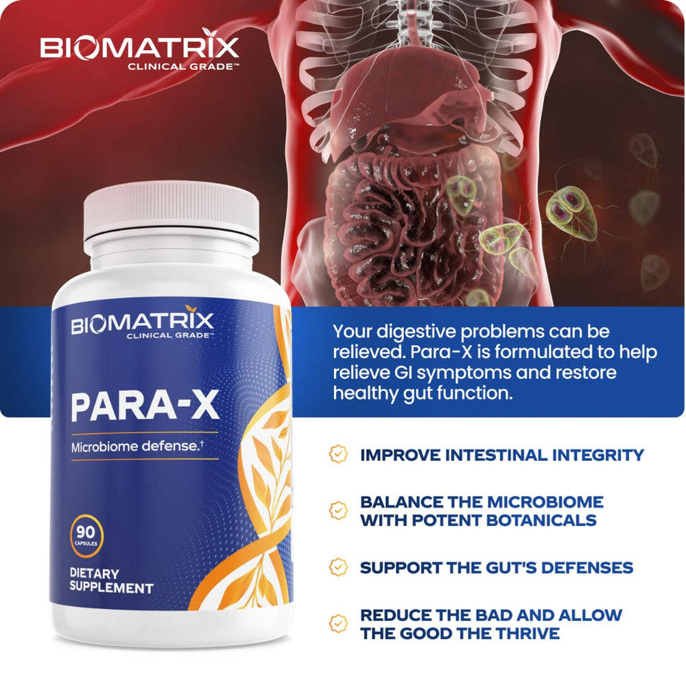 BioMatrix para-X packaging emphasizes 90 veggie capsules for a 30-60 day supply