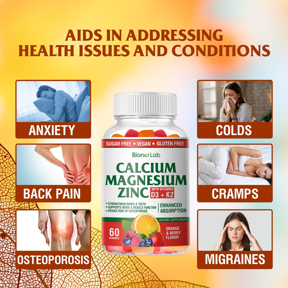Illustration highlighting Calcium, Magnesium, Zinc, Vitamin D3 & K2