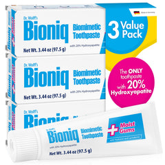 Bioniq Plus Biomimetic Toothpaste packaging with 3 tubes (3.44 oz each)