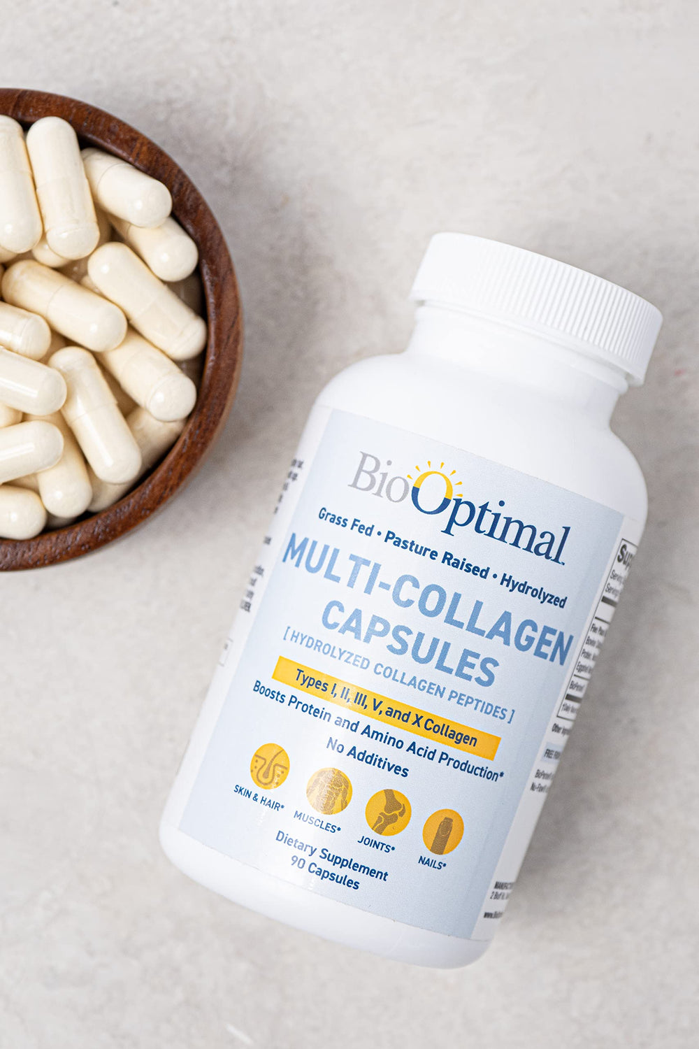 Close-up image of BioOptimal collagen capsules