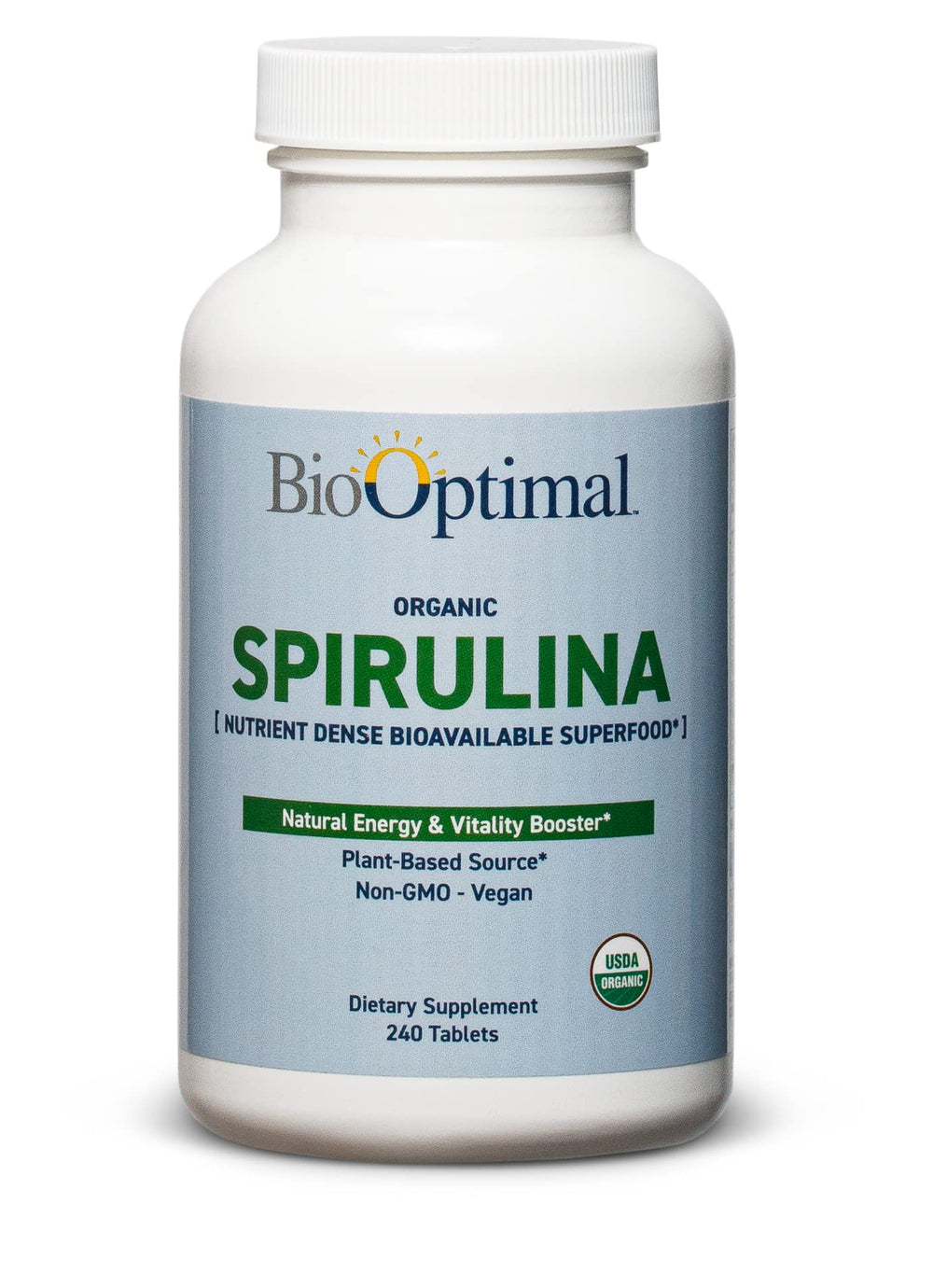 BioOptimal Organic Spirulina Tablets 500mg bottle with 240 tablets, organic and non-GMO.