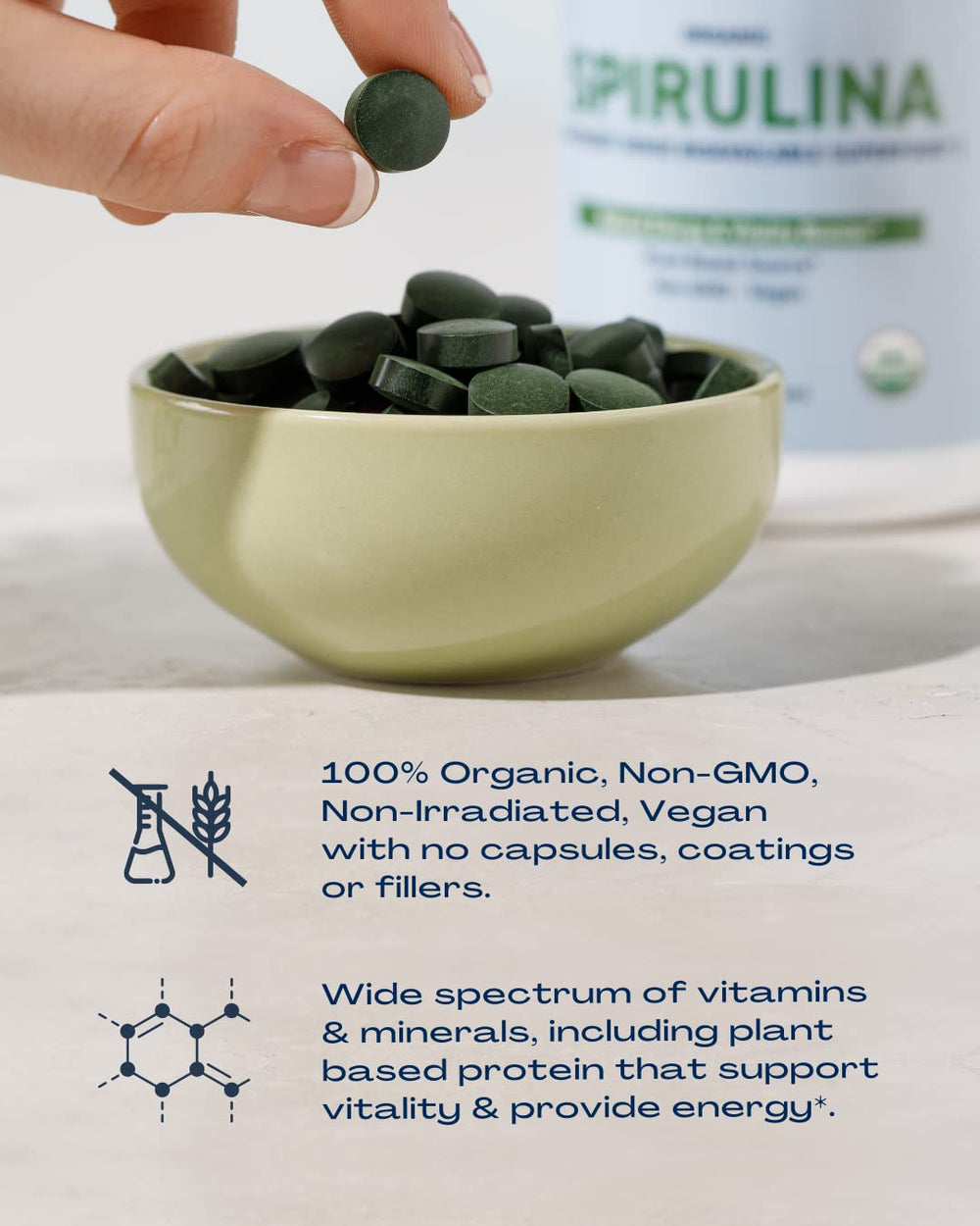 Organic and non-GMO certifications on BioOptimal Spirulina Tablets packaging.