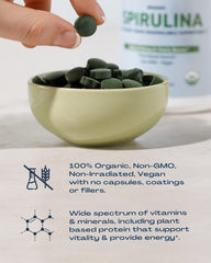Organic and non-GMO certifications on BioOptimal Spirulina Tablets packaging.