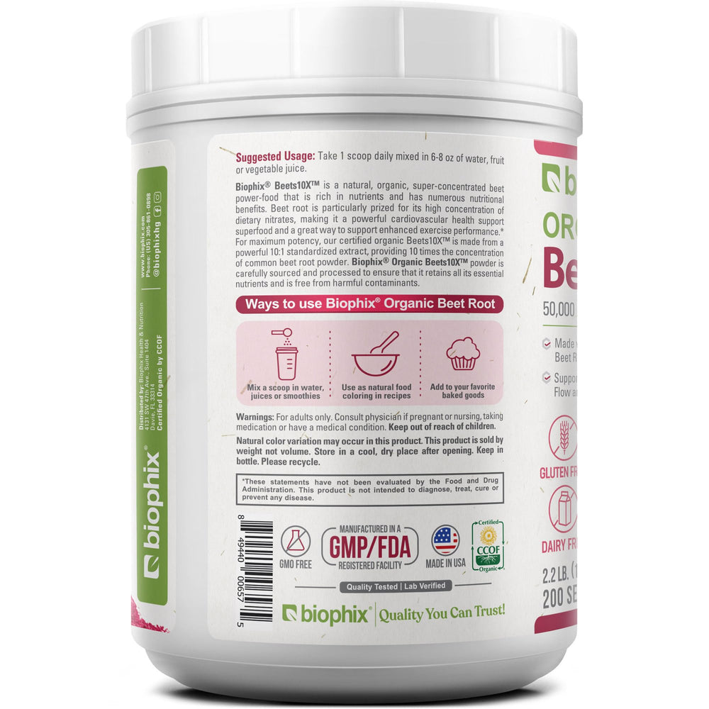 Nutrition facts panel on Beets10X Beet Root Powder container