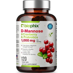 Bottle of Biophix D-Mannose 1000mg capsules with Cranberry & Probiotics