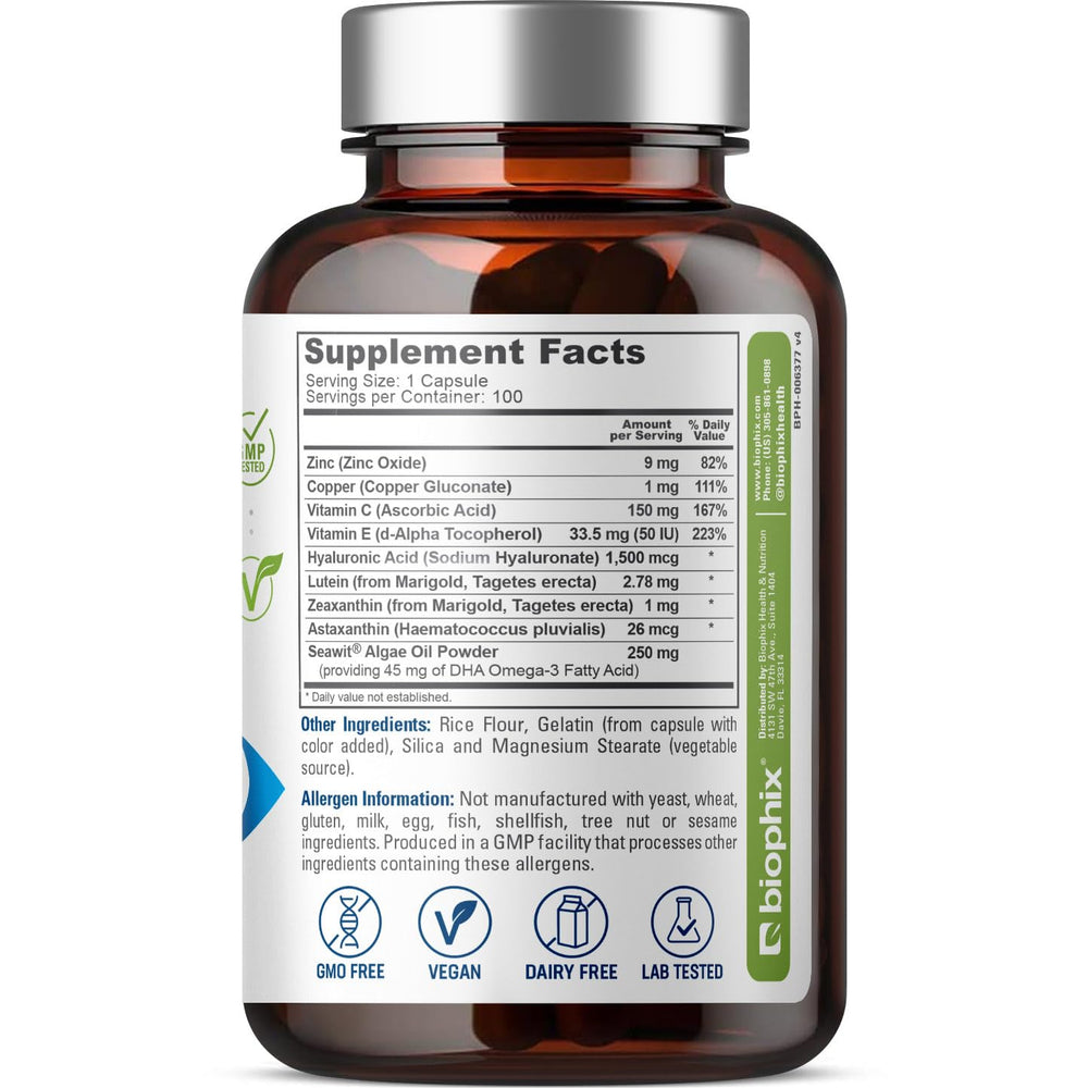 Close-up of ingredients: Lutein, Zeaxanthin, Astaxanthin, Hyaluronic Acid