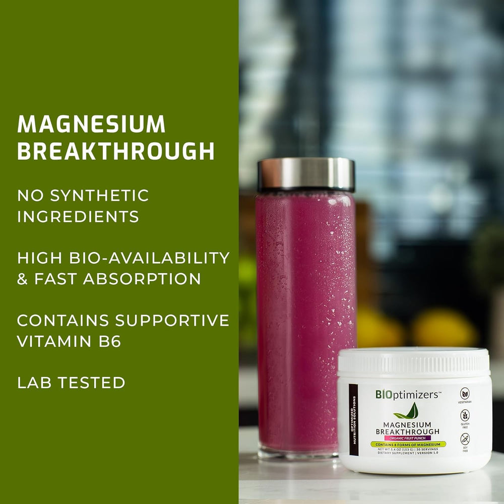 Close-up of BIOptimizers Magnesium Breakthrough Drink highlighting eight bioavailable forms
