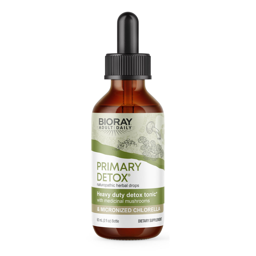 BIORAY Daily Primary Detox bottle front showing label and organic ingredients for toxin support and vitality
