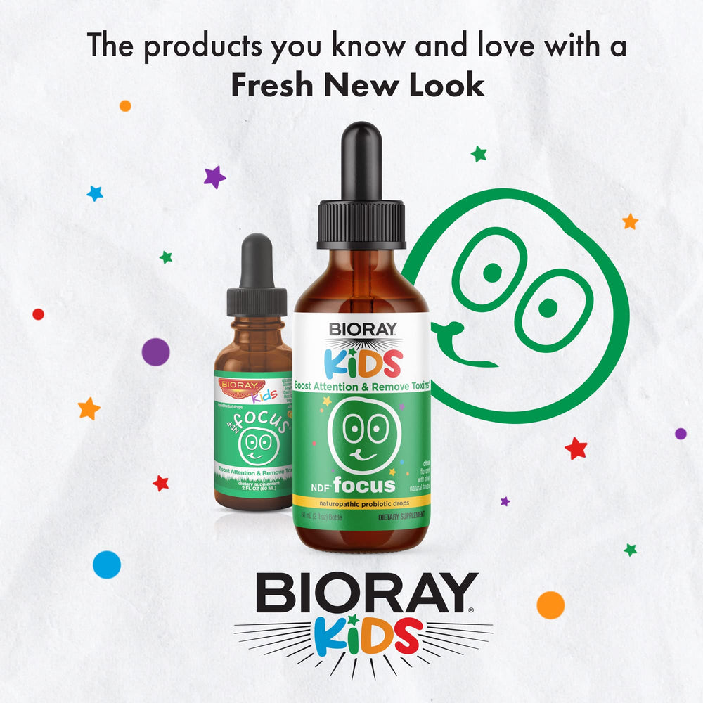 BIORAY Kids NDF Focus Citrus label highlights non-GMO and gluten-free formulation.
