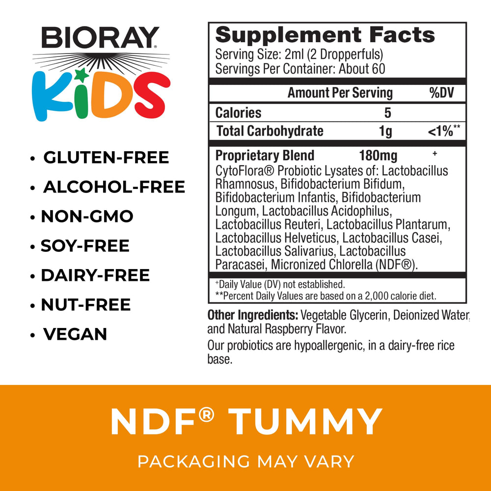 Close-up of NDF Tummy Raspberry liquid dropper and bottle label