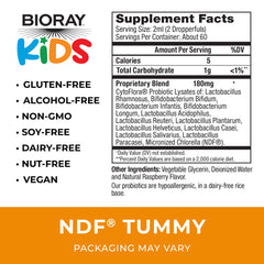 Close-up of NDF Tummy Raspberry liquid dropper and bottle label