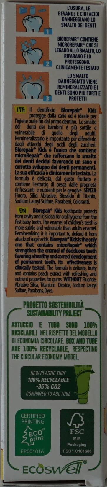 Three Biorepair Kids Peach toothpaste tubes together
