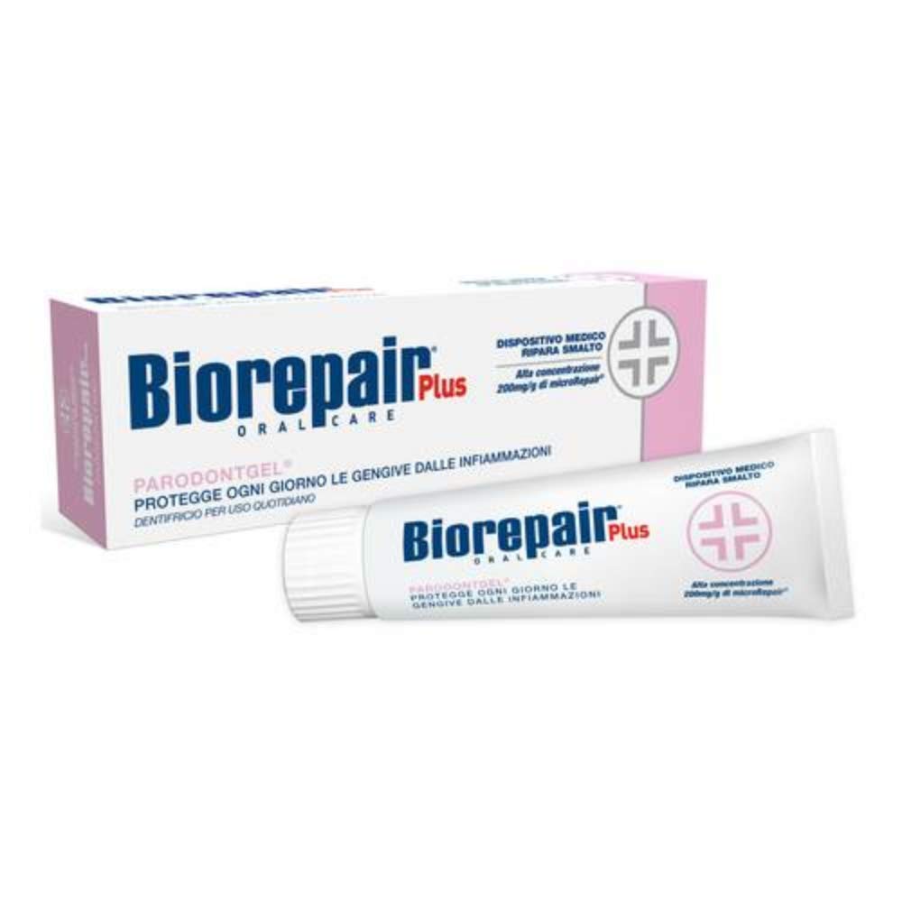 Back label of Biorepair Parodontgel 75ml two-tube pack