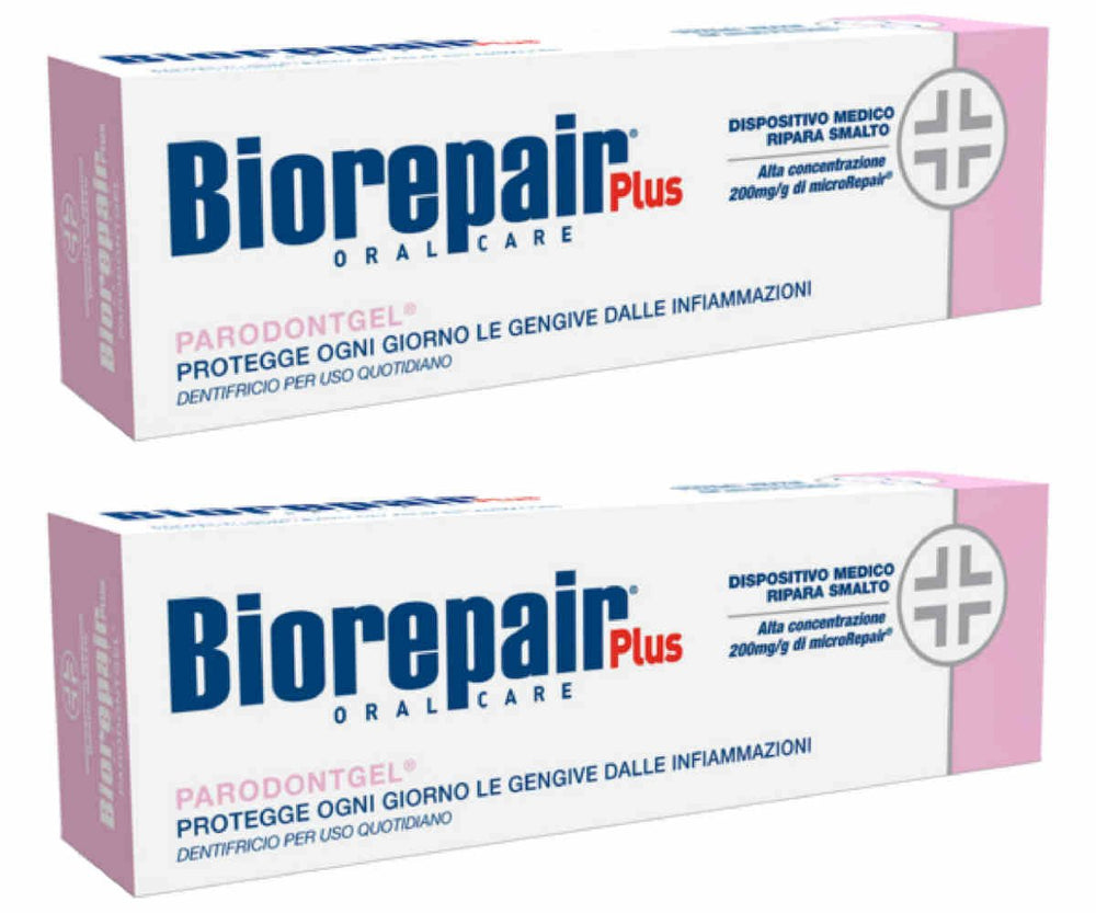 Front view of Biorepair Parodontgel 75ml two-tube pack