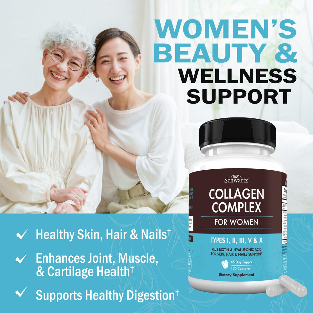 Vitamin C, Biotin and Keratin supplements alongside collagen capsules
