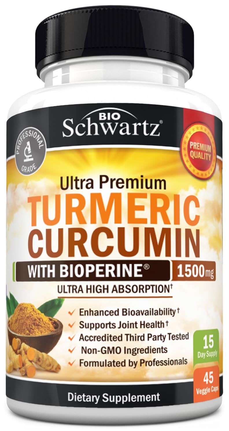 BioSchwartz turmeric curcumin bottle label shows high-potency formula for daily support.