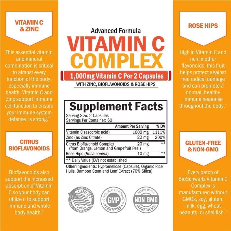 Ingredients: rose hips and citrus bioflavonoids in Vitamin C Complex