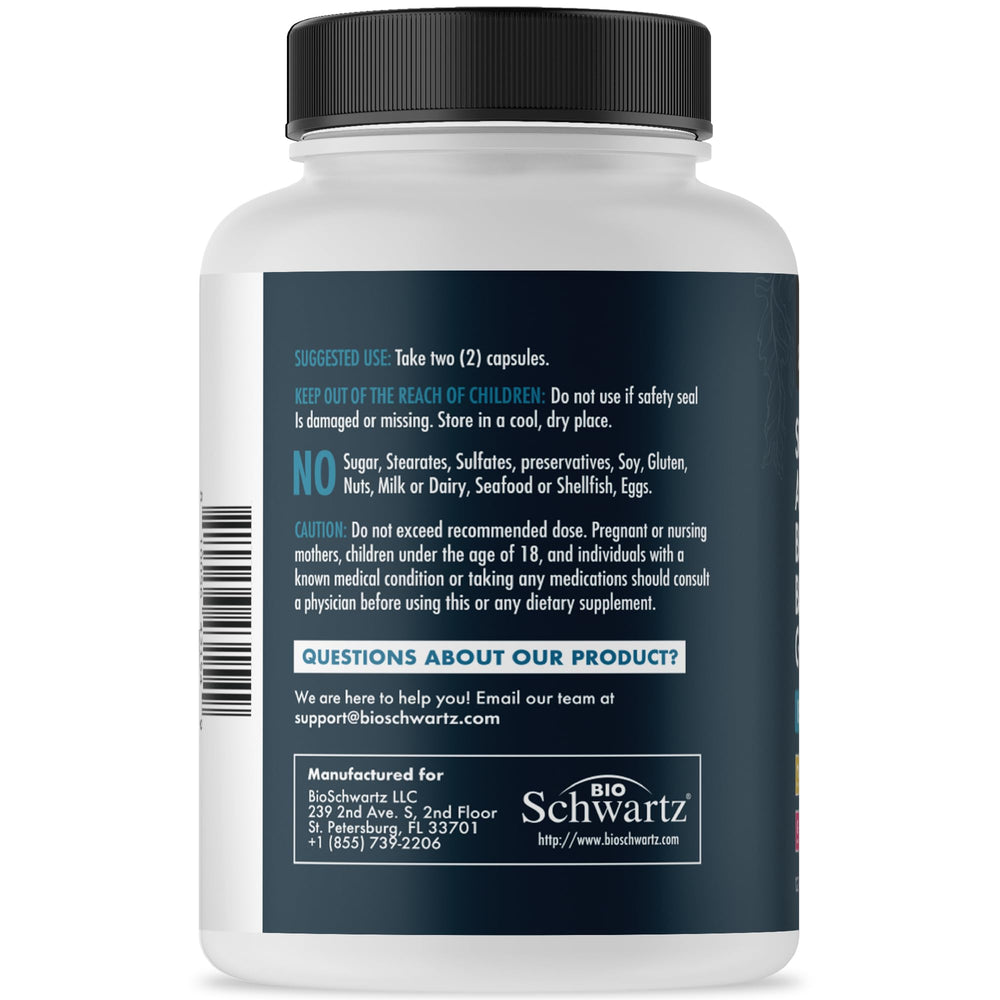 Close-up of BioSchwartz sea moss capsule bottle