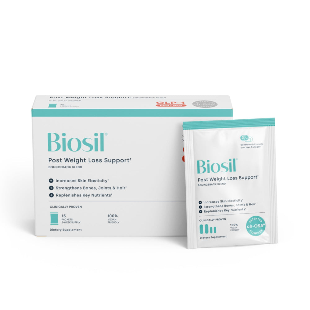 Biosil BounceBack bottle closeup emphasizes skin elasticity and joint support.