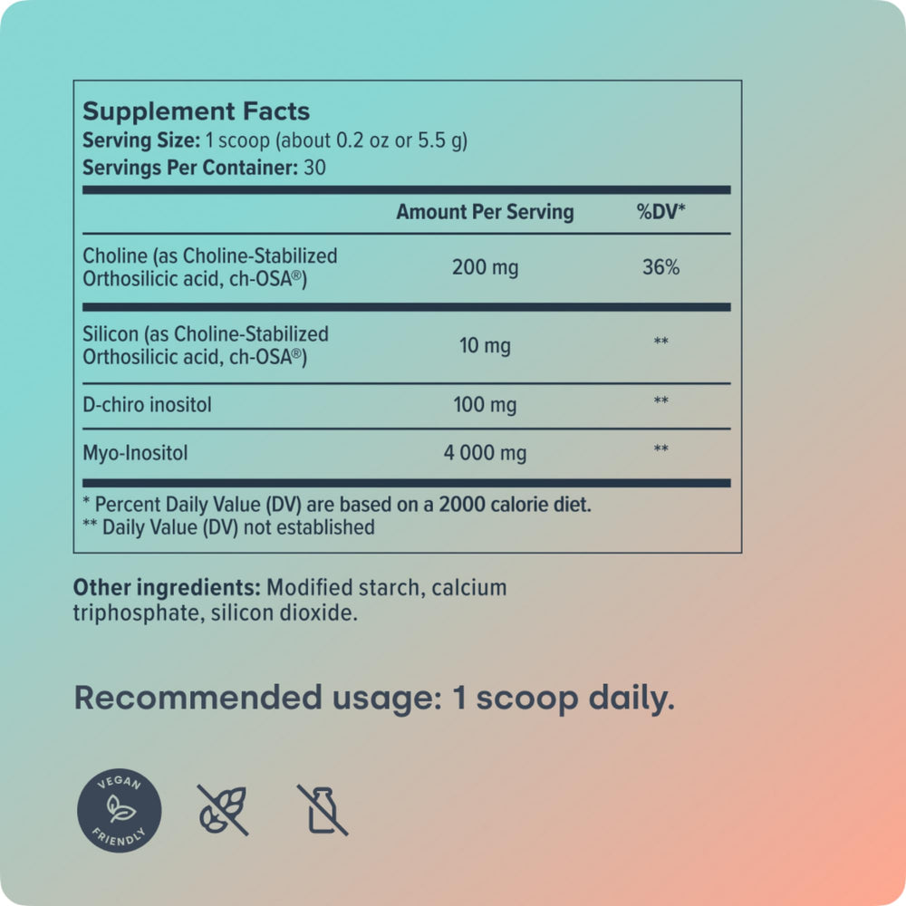 Ingredient panel and nutritional facts for Biosil HerHarmony.