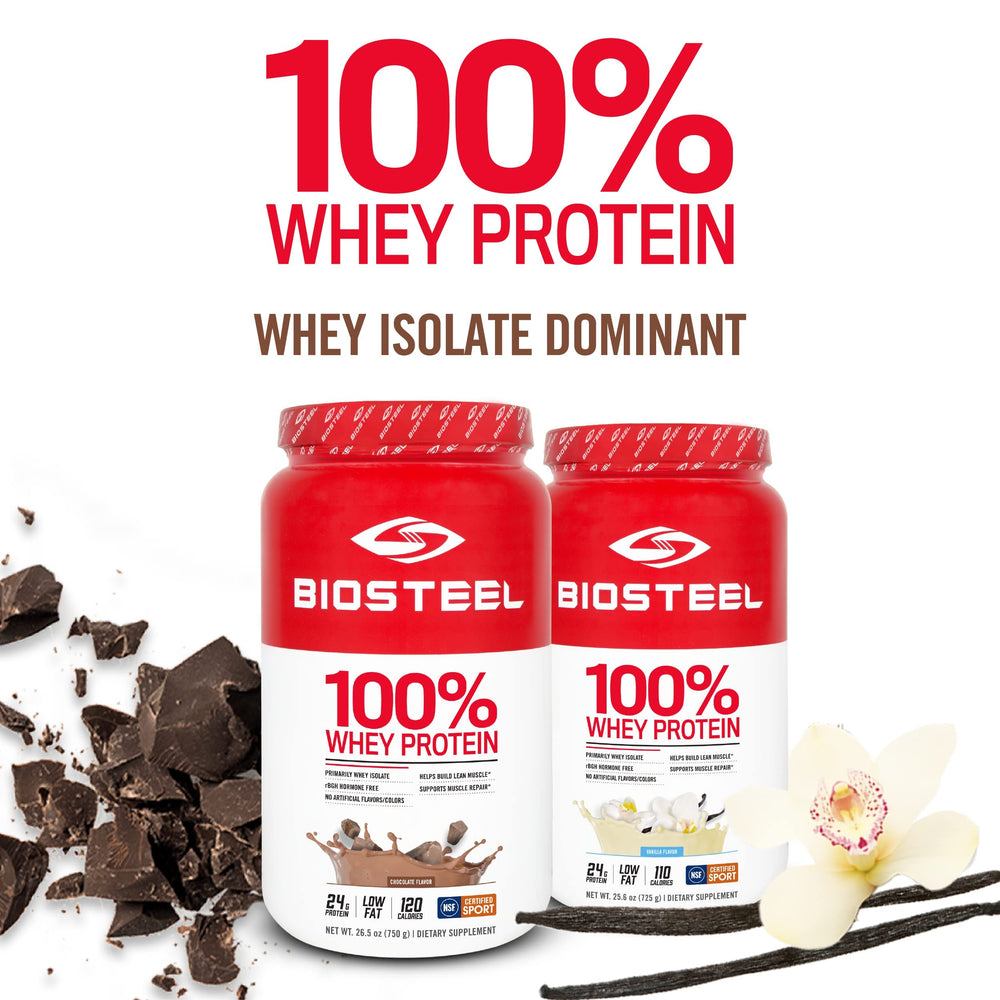 Scooped BioSteel Chocolate whey protein powder with scoop