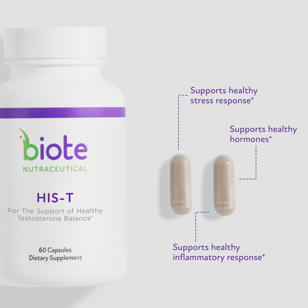 Biote HIS-T capsules closeup signaling compact daily support.