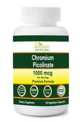 Bottle of Biotech Nutritions Chromium Picolinate 1000 mcg - 120 vegetable capsules