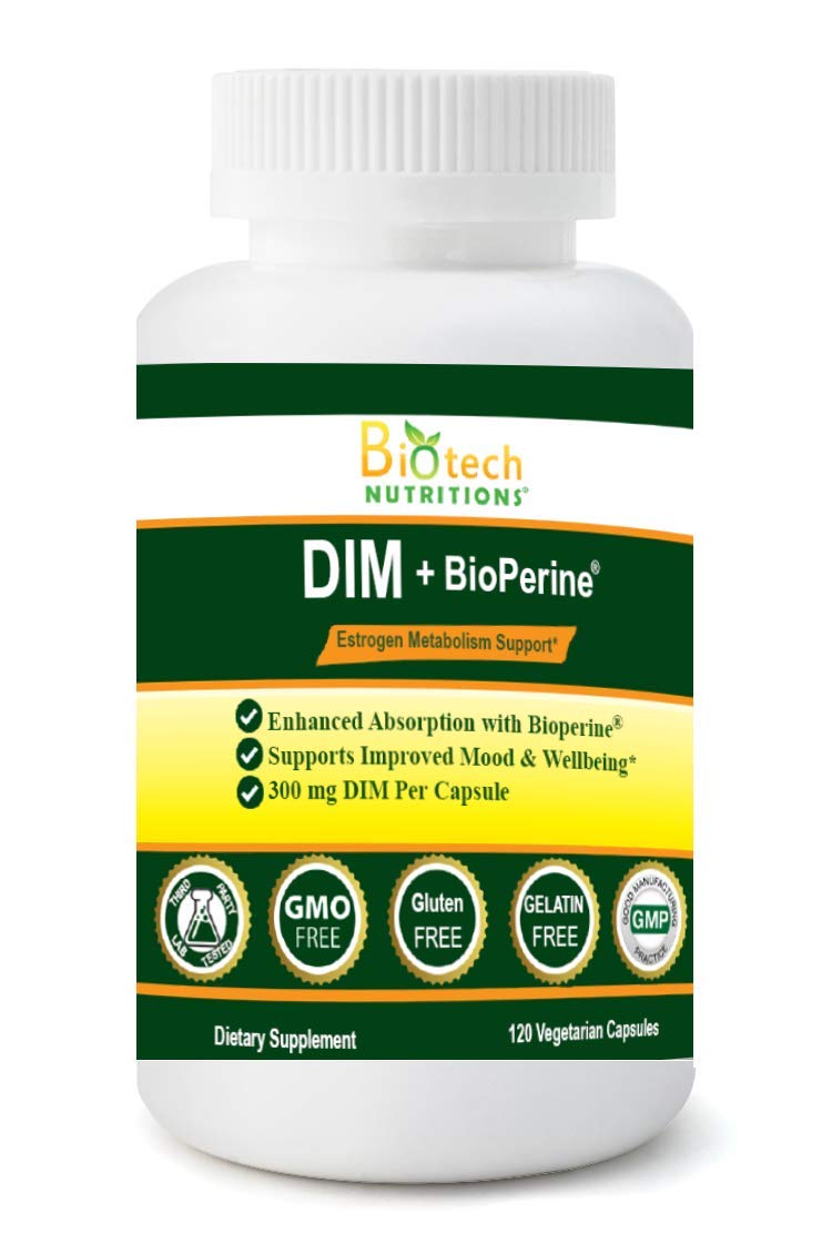 Biotech Nutritions DIM supplement bottle with 120 vegetable capsules, Made in USA