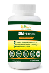 Biotech Nutritions DIM supplement bottle with 120 vegetable capsules, Made in USA