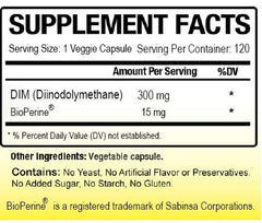 Close-up of DIM 300 mg per capsule with Bioperine for enhanced absorption
