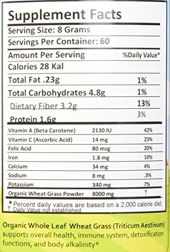 Organic whole-leaf wheat grass - raw, gluten-free and vegan - 17 oz packaging close-up