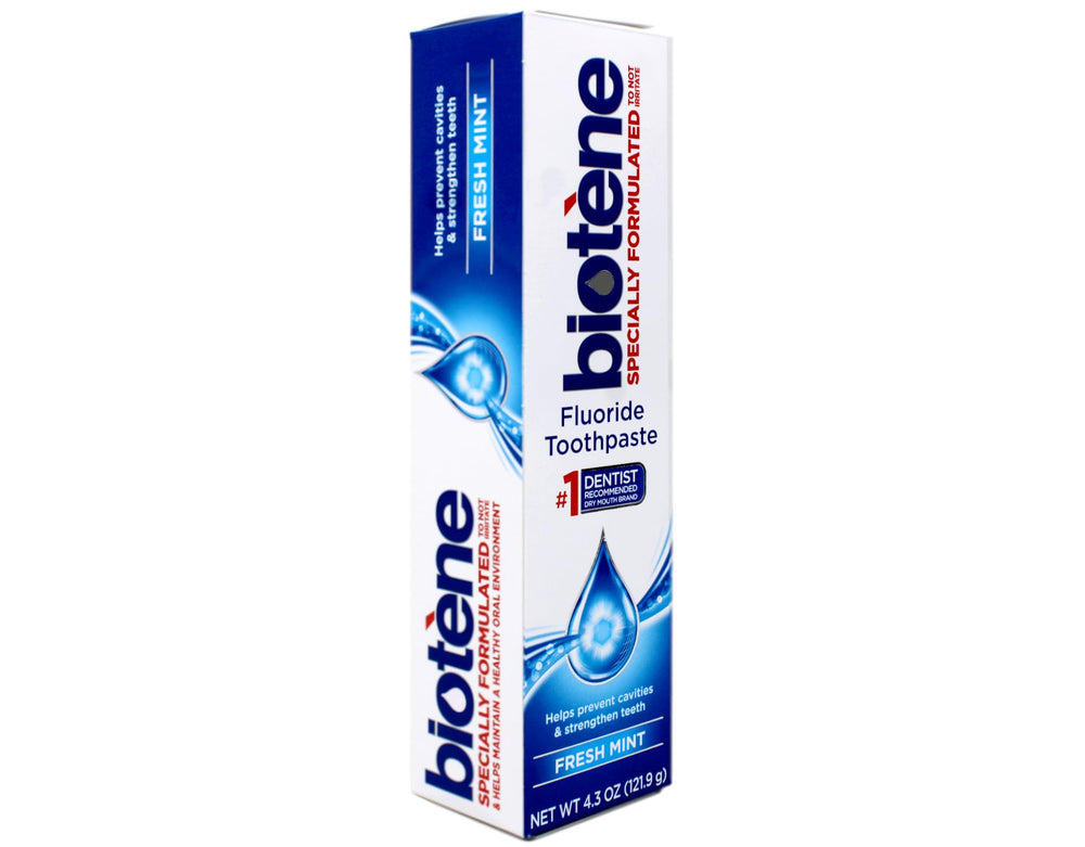 Biotene 4-pack toothpaste on shelf side view