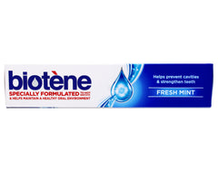 Close-up of Biotene label on toothpaste tube