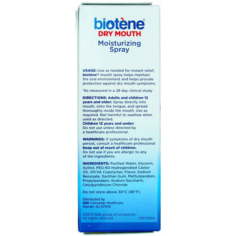 Back label with ingredients for Biotene Mouth Spray