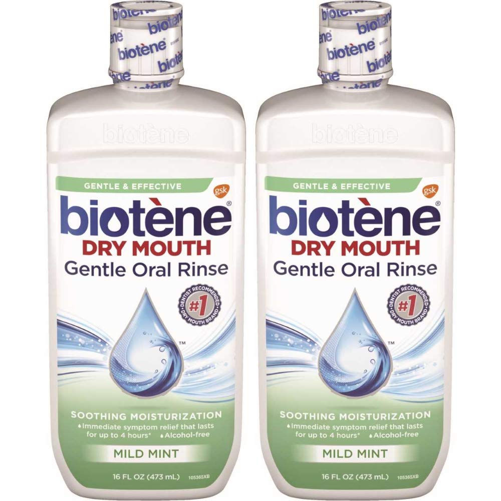Biotène Moisturizing Oral Rinse Mild Mint bottle front - 16 oz, pack of 2