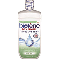 Biotène Dry Mouth Gentle Oral Rinse label with moisturizers and mint flavor