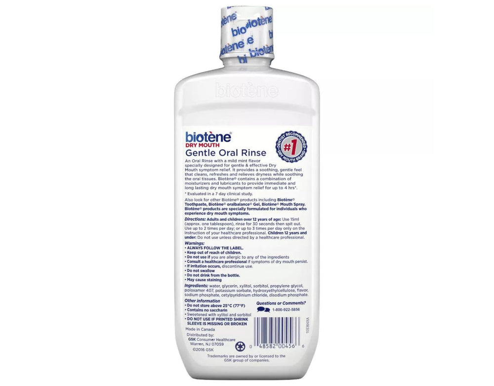 Biotene Moisturizing Oral Rinse Mild Mint 16 oz bottle back label