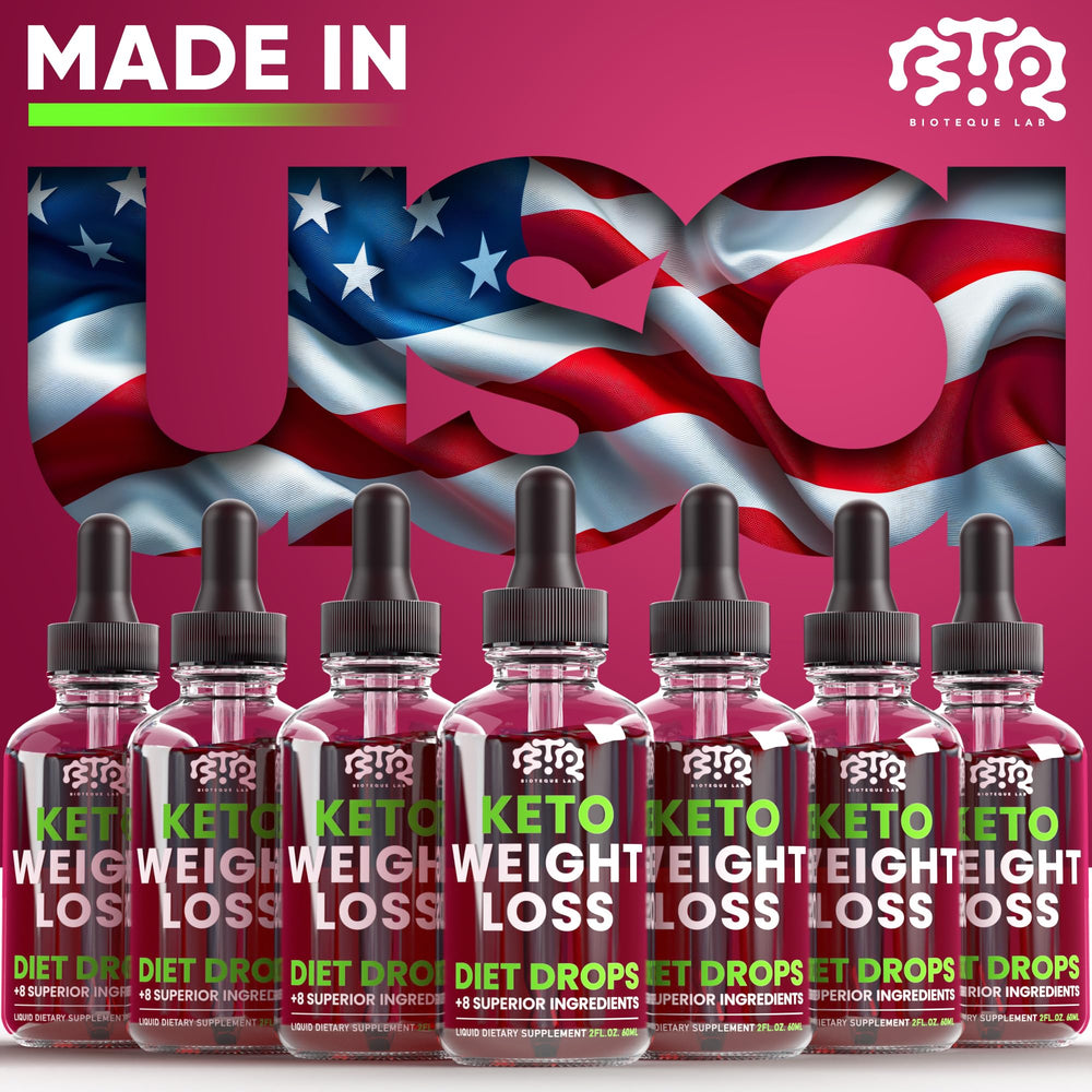 BIOTEQUELAB Keto Weight Loss Drops packaging displayed on a shelf.