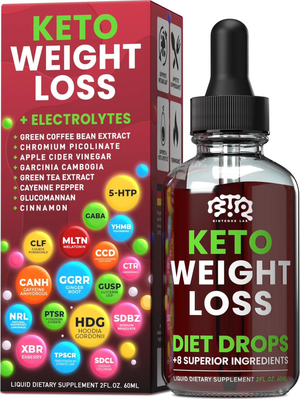 BIOTEQUELAB Keto Weight Loss Drops bottle label highlighting natural metabolism support.