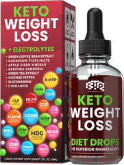 BIOTEQUELAB Keto Weight Loss Drops bottle label highlighting natural metabolism support.