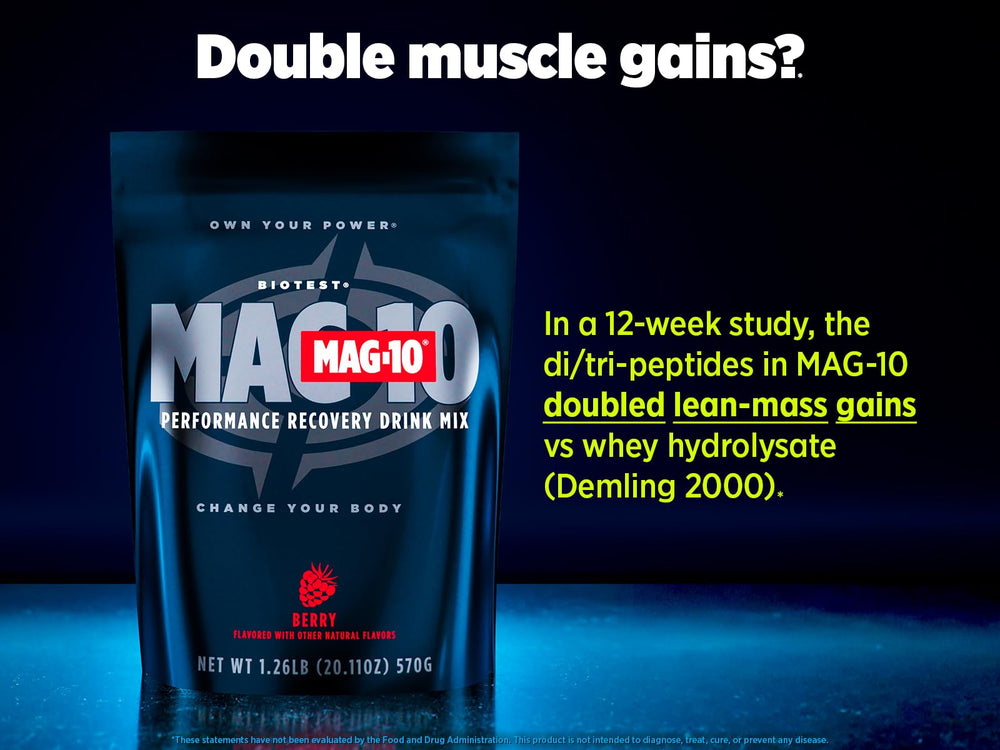 Biotest MAG-10 Post-Workout ingredients label emphasizes di-/tri-peptides and HBCD for glycogen support